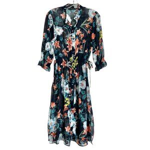 Zara Basic Collection Navy Sheer Floral Drawstring Waist Duster/Long Blouse Sz S
